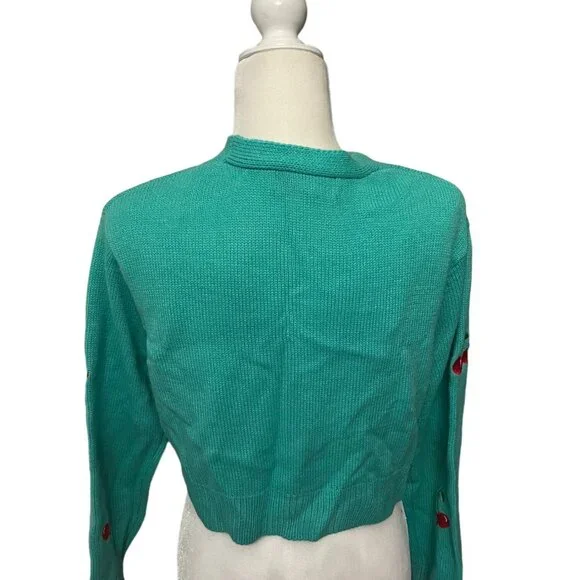 Sweet & Sinful Green Cardigan Cropped Sweater Cherries Size Medium - Picture 2 of 3